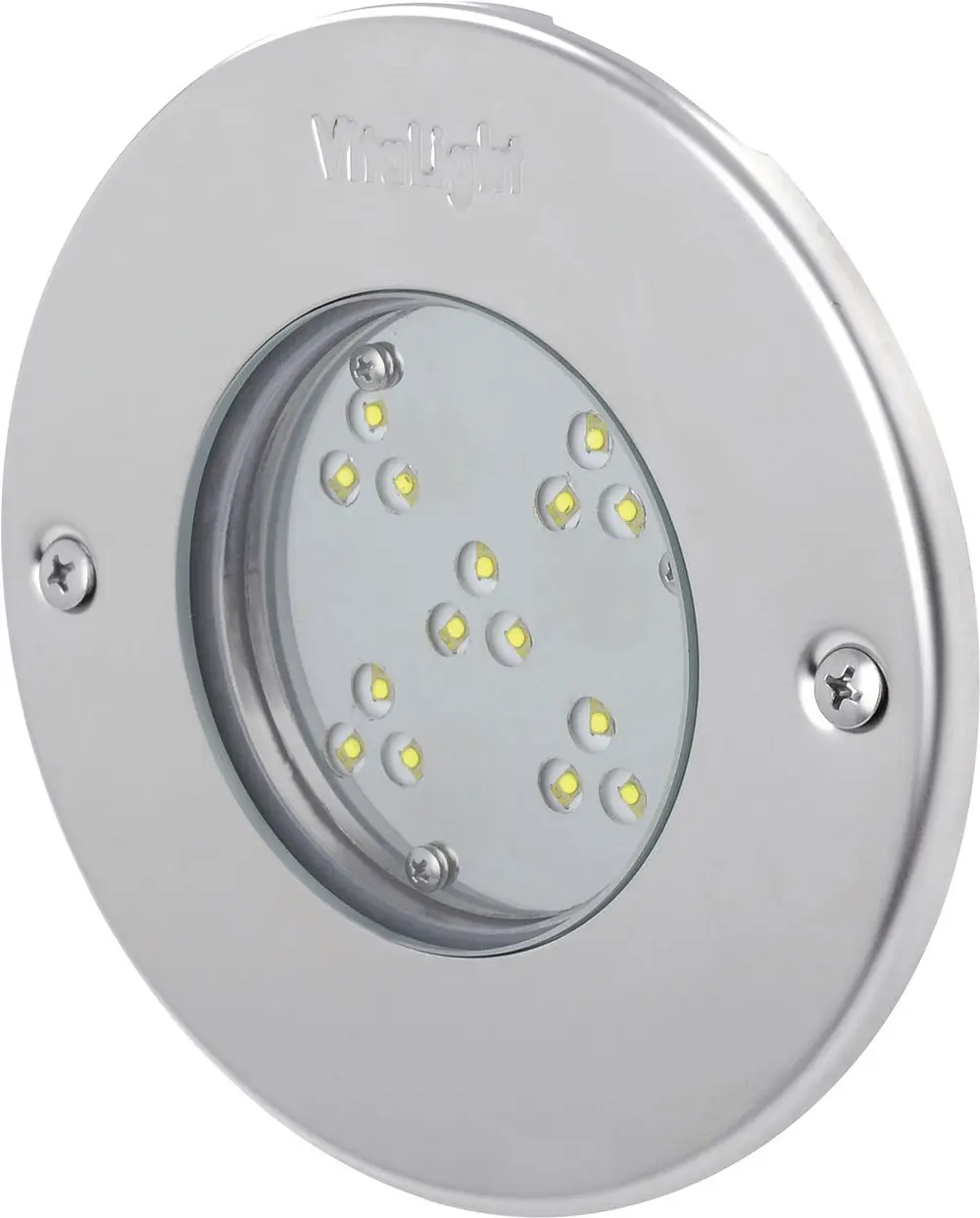 Rundes LED-Licht von Grünbeck mit silbernem Gehäuse und mehreren kleinen, leuchtenden LEDs im Innenbereich.